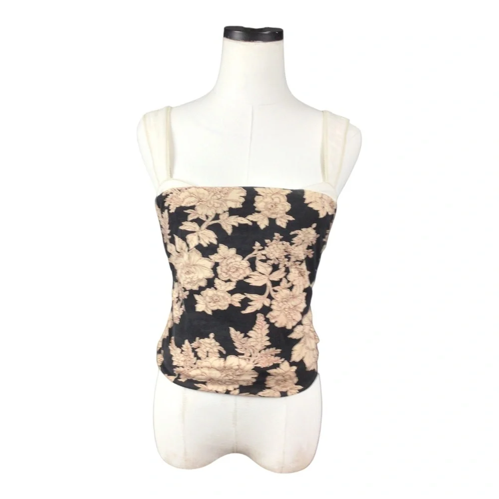 Free People Floral Square-Neck Tank Top Black Cream Small